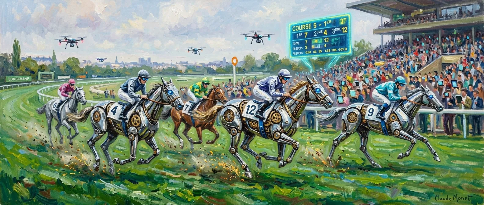 Horses racing at Longchamp in an explosion of color and movement