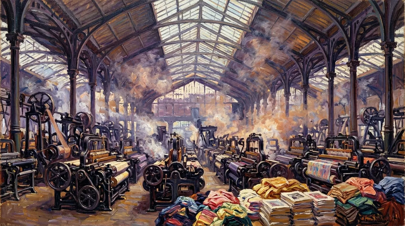 Autonomous looms and presses working without humans in a grand station hall